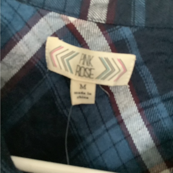 NWT Pink Rose Plaid Tunic Top Teal White Button Down Long Sleeve M - Picture 2 of 5